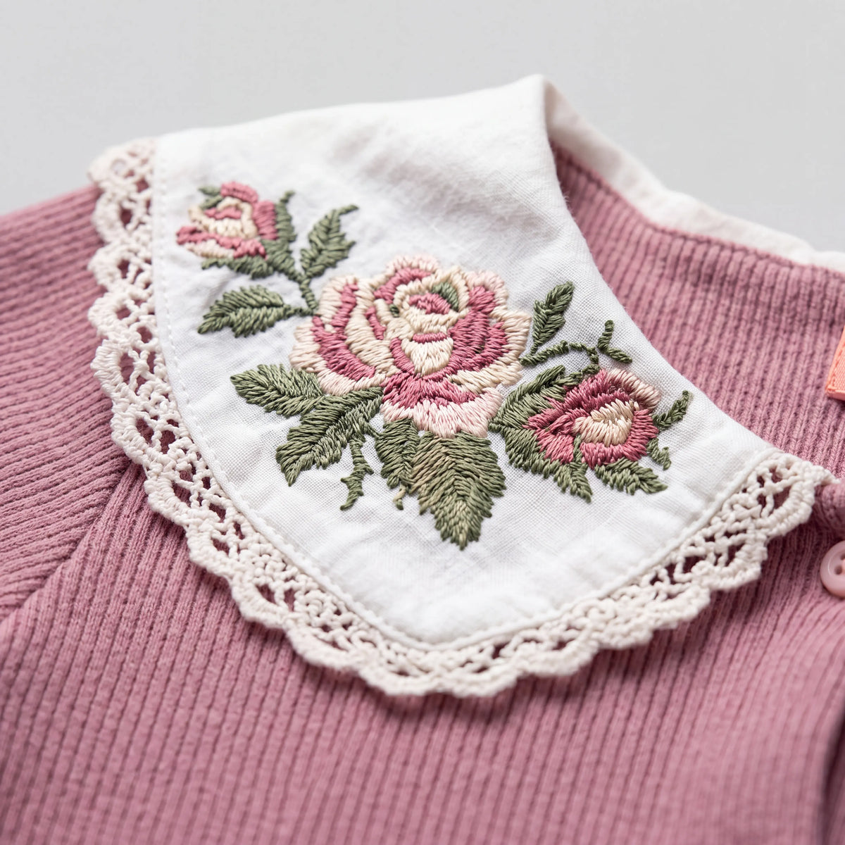 Kız Çocuk Gül Yakalı Pembe Nakışlı Takım