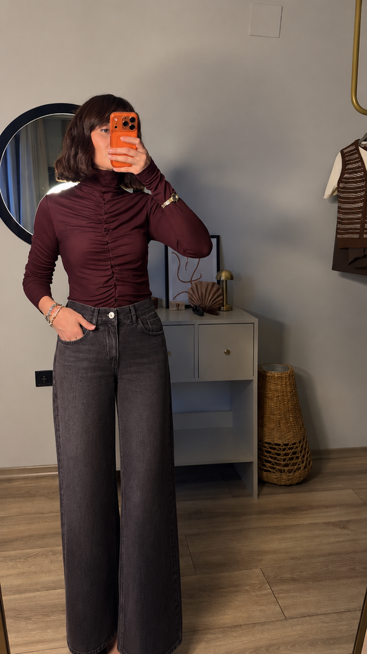 Kadın Mürdüm Büzgü Detaylı Balıkçı Yaka Bluz