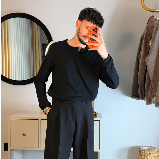 Erkek Siyah Dik Yaka Düğmeli Triko