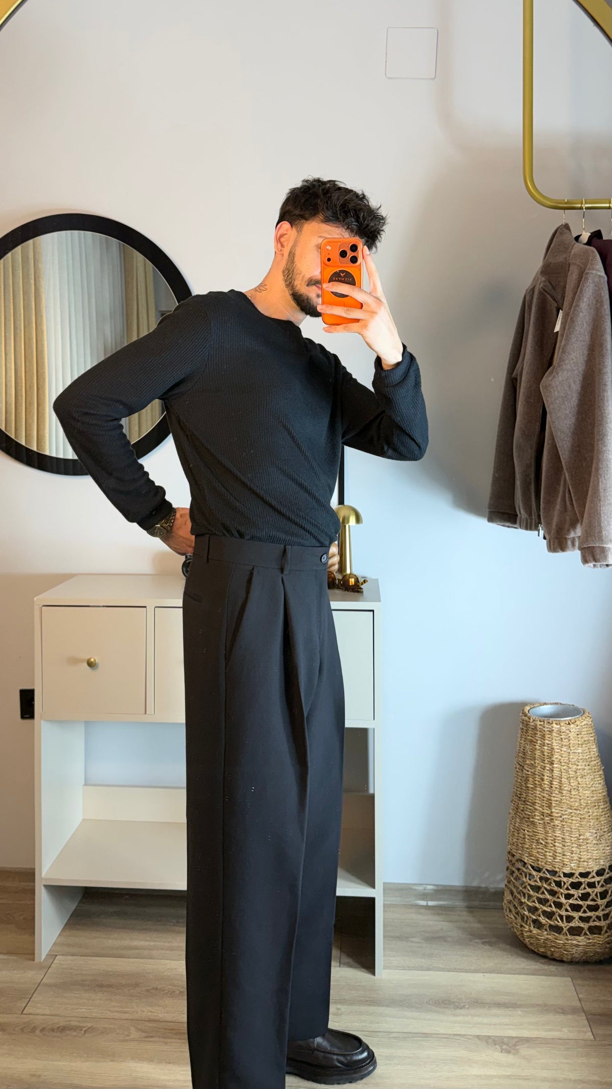Erkek Siyah Geniş Kesim Kumaş Pantolon