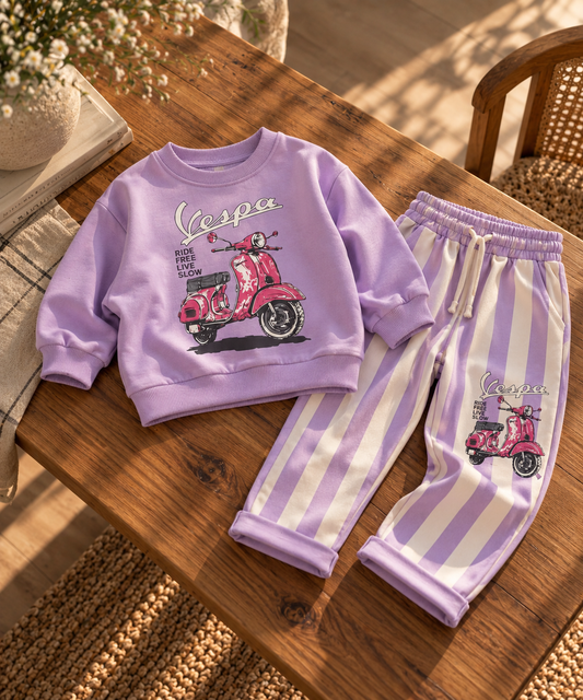 Vespa Baskılı Kız Çocuk Çizgili Pantolon Takım
