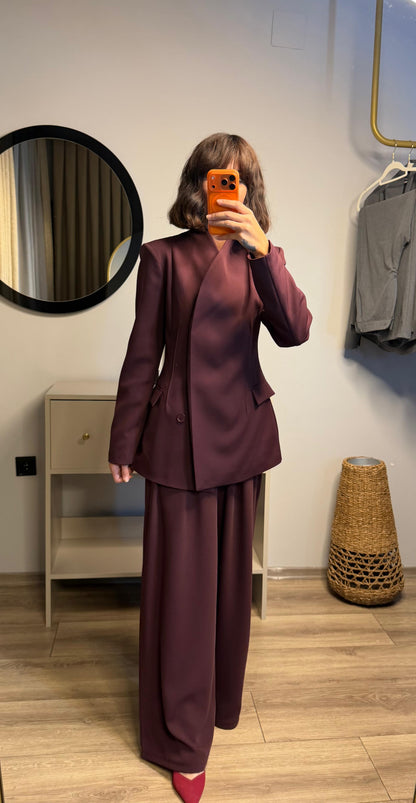 Kadın Mürdüm Kruvaze Blazer Çımalı Ceket