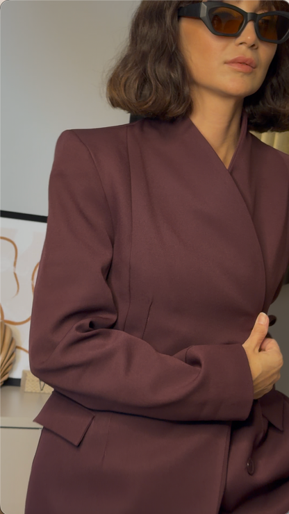 Kadın Mürdüm Kruvaze Blazer Çımalı Ceket